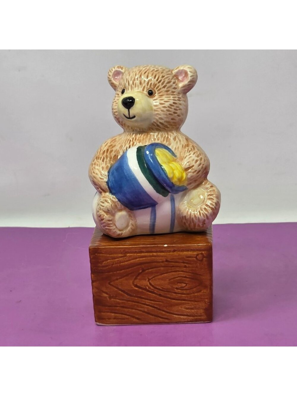 Ceramic Teddy Bear Honey Pot Salt Pepper Shakers Vintage Brown Blue Hand-Painted